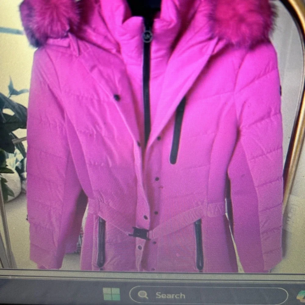 Michael Kors Belted Faux Fur Trim Hooded Puffer Jacket - Hot Pink Size Large